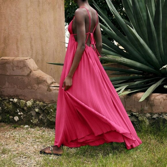 Hot Pink Fuchsia Bohemian Women's Sleeveless Spaghetti Strap Mini Dress - Picture 7 of 9